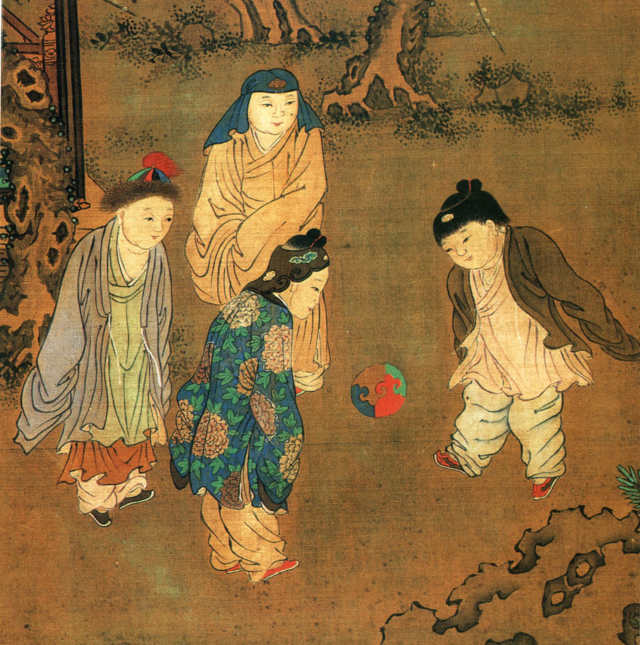 Ancient Chinese painting of children kicking a ball