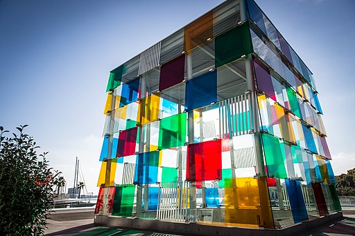 Coloured glass cube of the Pompidou Center in Malaga, Spain